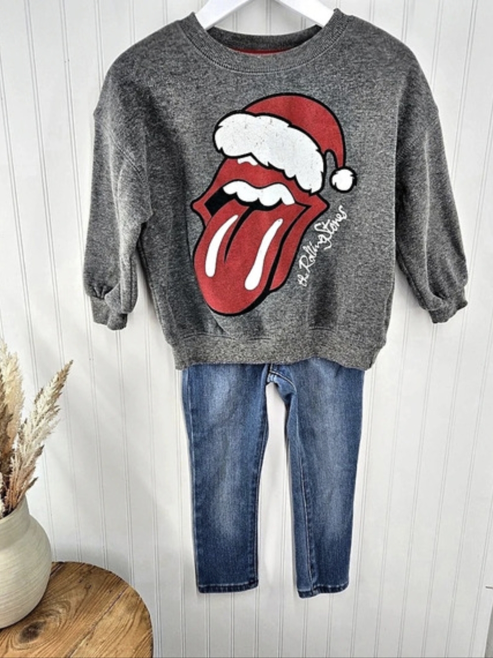 The Rolling Stones Christmas Santa Hat Tongue Logo Sweatshirt & Jeans Set 3T